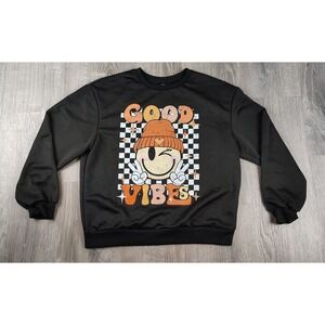 Large Pullover Crew Neck Sweater‎ Black Good Vibes Wink Checker Peace Shein
